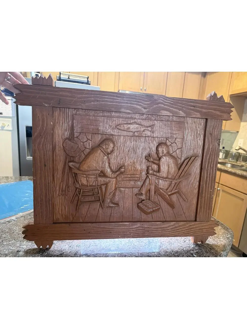Vintage 1976 Large Hand Carved Wood Cabin Fireplace Scene, Fishermen 32